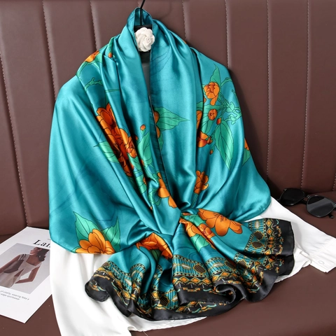 Foulard en Satin pour Femmes Style Chinois Vintage Imprimé Floral Châle Long Élégant Protection Solaire Lisse Doux Enveloppement Polyvalent Pour Voyage Quotidien