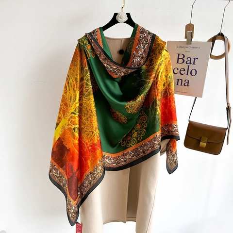 Artistic Tree Print Satin Long Scarf Luxury Sun Protection Elegant Wrap Shawl For Women Lightweight Fashion Accessory