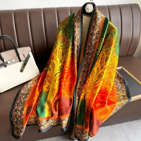 Artistic Tree Print Satin Long Scarf Luxury Sun Protection Elegant Wrap Shawl For Women Lightweight Fashion Accessory