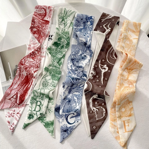 Femme Écharpe Étroite Élégante Imprimé Lettres Motif Toile De Jouy Satin Foulard Pour Poignée De Sac Accessoire Cheveux