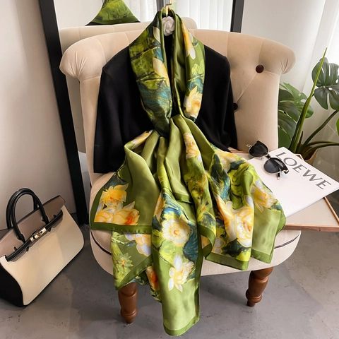 Sciarpa Lunga Da Donna Scialle Stile Cinese Stampa Floreale Loto Raso Di Raso Artificiale Leggero Elegante Retrò Versatile