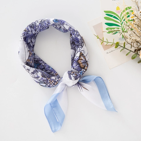 Women Elegant Square Scarf Imitation Satin Butterfly Floral Print Decorative Neck Tie Headband Hair Accessory Fashion Wrap