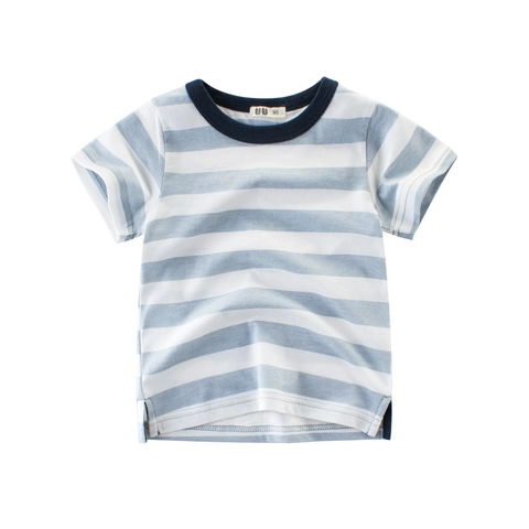 Kids Boys Short Sleeve T-Shirt Cotton Horizontal Striped Crew Neck Korean Style Summer Casual Breathable Soft Tops