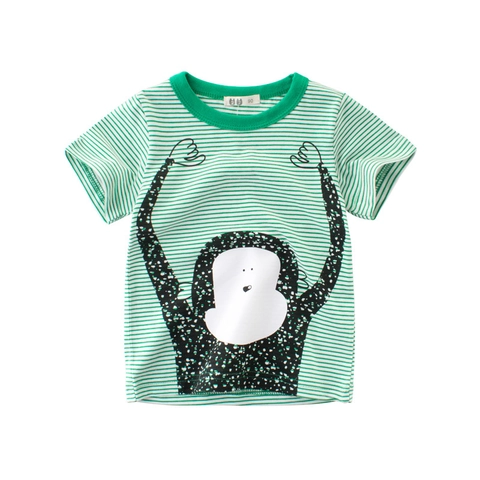 Boys Girls Short Sleeve Cotton T-Shirt Green White Striped Cartoon Monkey Pattern Casual Summer Top Kids Round Neck Breathable Clothing
