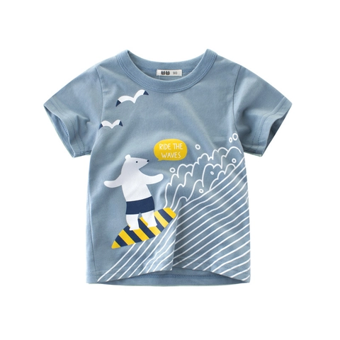 Kids Short Sleeve T-Shirt Pure Cotton Breathable Round Neck Cartoon Polar Bear Surfing Print Summer Casual Top Boys Girls
