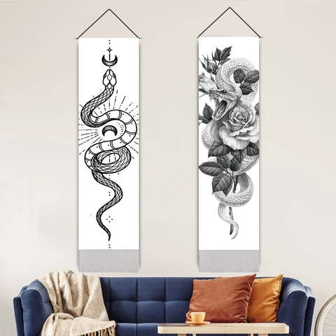 Black White Snake Wall Hanging Tapestry Vertical Cotton Linen Scroll Art With Wood Rod And Tassels Mystic Occult Home Decor