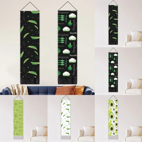 Long Narrow Vertical Wall Tapestry Polyester Cotton Vegetable Print Tassels Wooden Pole Kitchen Dining Room Decor