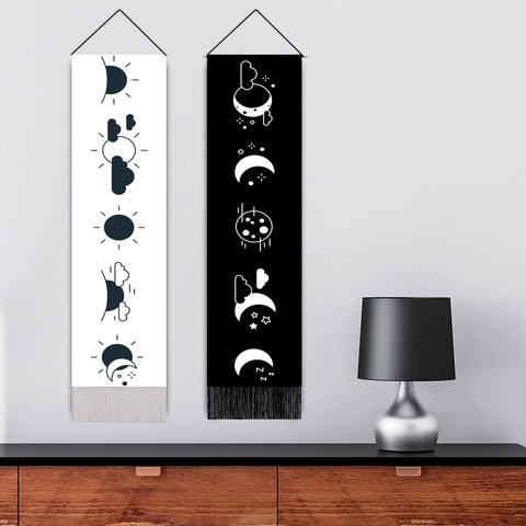 Lange Vertikale Tapisserie Wandbehang Sonne Mond Phasen Polyester Baumwolle Mit Holzstange Und Quasten Boho Dekor