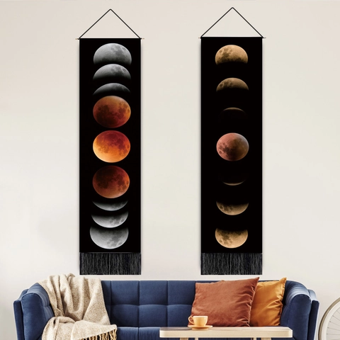 Maanfasen Maansverduistering Hangend Wandtapijt Katoen Polyester Muurkunst Met Houten Stok En Kwastjes Voor Woonkamer Slaapkamer