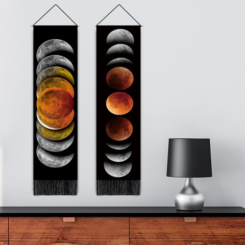 Maanfasen Maansverduistering Hangend Wandtapijt Katoen Polyester Muurkunst Met Houten Stok En Kwastjes Voor Woonkamer Slaapkamer