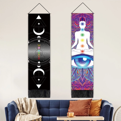 Chakra Meditation Tapestry Wall Hanging Long Vertical Mandala Zen Yoga Room Decor With Tassel Wooden Pole Polyester Cotton