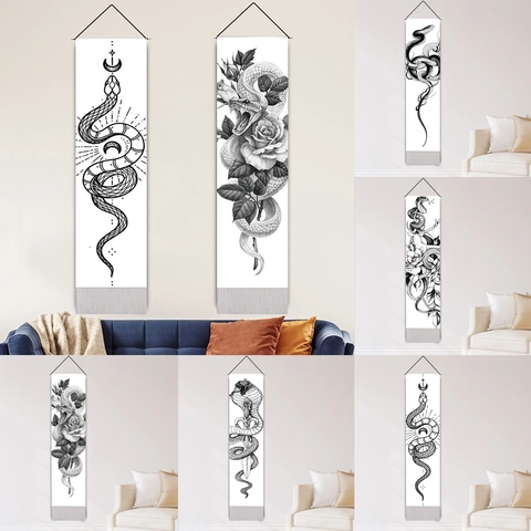 Black White Snake Wall Hanging Tapestry Vertical Cotton Linen Scroll Art With Wood Rod And Tassels Mystic Occult Home Decor