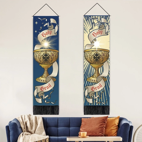 Mittelalterlicher Heiliger Gral Vertikaler Wandteppich Polyester Baumwolle Stoff Langes Scroll Wandbild Mit Quasten