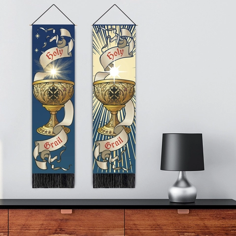 Mittelalterlicher Heiliger Gral Vertikaler Wandteppich Polyester Baumwolle Stoff Langes Scroll Wandbild Mit Quasten