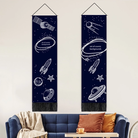 Arazzo Da Parete Astronauta Spazio Galassia Cotone Poliestere Con Asta In Legno E Nappina Per Decorazione Casa