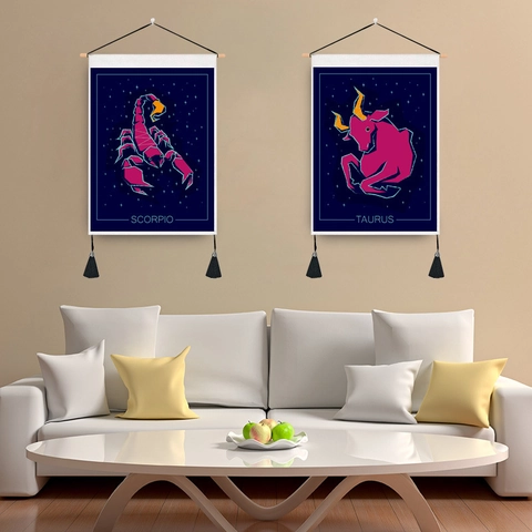 Zodiac Constellation Wall Hanging Tapestry With Wood Rod And Tassels Polyester Cotton Starry Sky Geometric Wall Decor