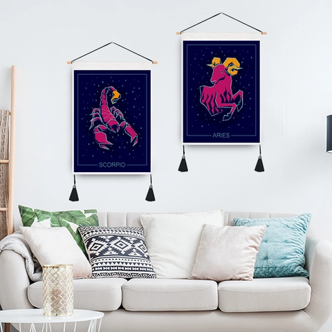 Zodiac Constellation Wall Hanging Tapestry With Wood Rod And Tassels Polyester Cotton Starry Sky Geometric Wall Decor