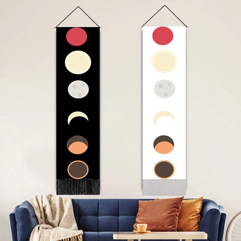 Tapisserie Murale Cycle Phase De Lune Verticale Longue Tissu Polyester Coton Décor À Franges Pour Salon Chambre