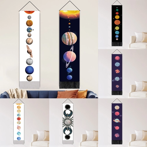 Solar System Planets Long Wall Hanging Tapestry With Tassels Wood Rod Vertical Narrow Decorative Scroll For Home Living Room Wall Decor