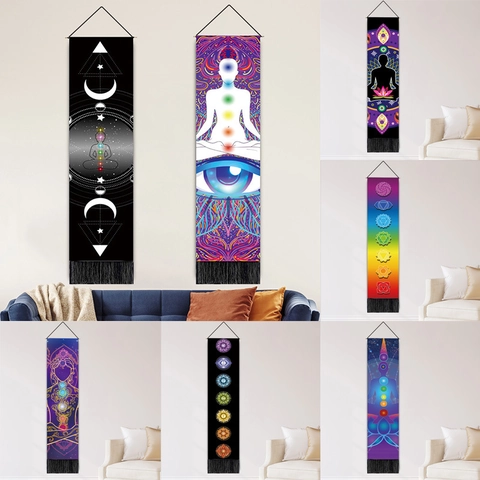 Chakra Meditation Tapestry Wall Hanging Long Vertical Mandala Zen Yoga Room Decor With Tassel Wooden Pole Polyester Cotton