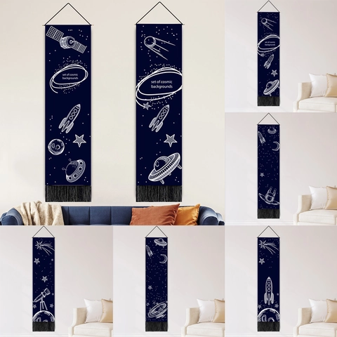 Arazzo Da Parete Astronauta Spazio Galassia Cotone Poliestere Con Asta In Legno E Nappina Per Decorazione Casa