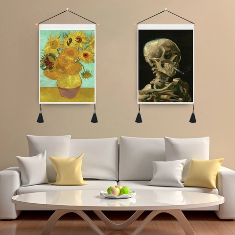 Van Gogh Famous Oil Painting Wall Hanging Tapestry With Wooden Pole And Tassels Cotton Blend Decorative Art Poster For Living Room Home