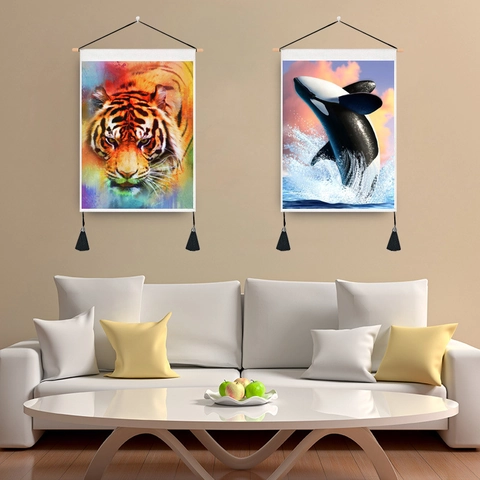 Tapisserie Murale Décorative Art Style Nordique Motif Animal Nature Avec Tringle En Bois Et Glands Noirs