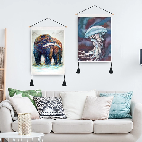 Tapisserie Murale Décorative Art Style Nordique Motif Animal Nature Avec Tringle En Bois Et Glands Noirs