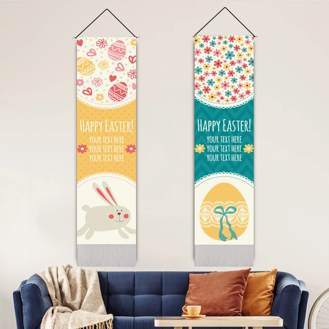 Buona Pasqua Banner Da Parete Arazzo Cartone Animato Coniglio Pollo Modello Cotone Lino Bandiera Verticale Decorativa Con Palo Di Legno Nappina