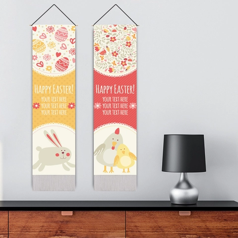 Buona Pasqua Banner Da Parete Arazzo Cartone Animato Coniglio Pollo Modello Cotone Lino Bandiera Verticale Decorativa Con Palo Di Legno Nappina