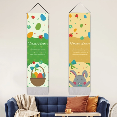 Easter Wall Hanging Banner Cotton Linen Tapestry With Tassels Happy Easter Bunny Egg Flower Patterns Holiday Party Home Decor Wall Art