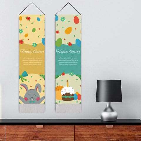 Easter Wall Hanging Banner Cotton Linen Tapestry With Tassels Happy Easter Bunny Egg Flower Patterns Holiday Party Home Decor Wall Art