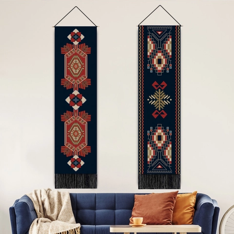 Long Narrow Wall Hanging Tapestry Cotton Linen Geometric Ethnic Bohemian Art With Wood Pole And Tassels