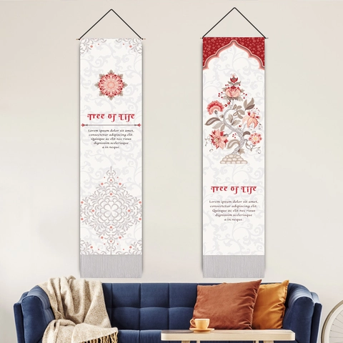 Tree Of Life Wall Tapestry Cotton Linen Vintage Bohemian Mandala Pattern Hanging Scroll With Wooden Pole And Tassels