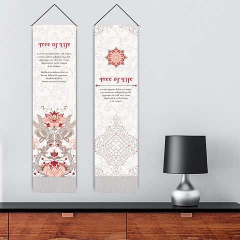Tree Of Life Wall Tapestry Cotton Linen Vintage Bohemian Mandala Pattern Hanging Scroll With Wooden Pole And Tassels
