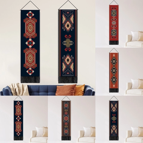 Long Narrow Wall Hanging Tapestry Cotton Linen Geometric Ethnic Bohemian Art With Wood Pole And Tassels