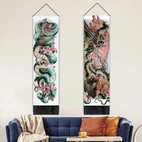 Japanese Style Snake Eagle Wall Hanging Tapestry Long Canvas Vertical With Wooden Rod Tassel Abstract Animal Mural