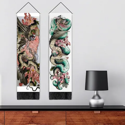 Japanese Style Snake Eagle Wall Hanging Tapestry Long Canvas Vertical With Wooden Rod Tassel Abstract Animal Mural