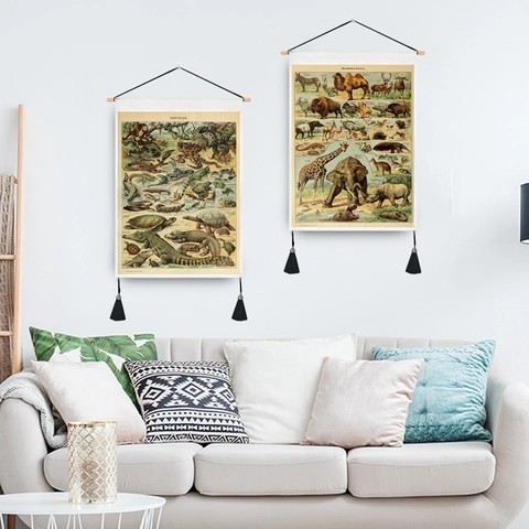 Vintage Botanical Scientific Chart Hanging Tapestry Polyester Cotton Wall Art With Wood Frame And Tassels For Home Decor