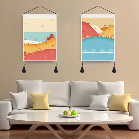 Moderne Amerikaanse Landschap Wandtapijt Minimalistisch Stoffen Schilderij Met Houten Stok En Kwastjes Decoratie