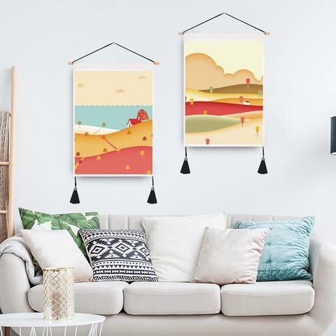 Moderne Amerikaanse Landschap Wandtapijt Minimalistisch Stoffen Schilderij Met Houten Stok En Kwastjes Decoratie