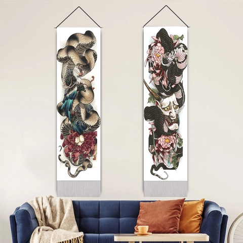 Japanese Style Long Scroll Wall Hanging Tapestry Polyester Cotton Fabric Black Snake Hannya Mask Floral Print With Wood Stick Tassels Home Decor
