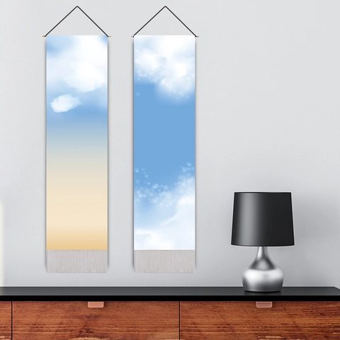 Nordischer Stil Wolken Himmel Drachen Muster Vertikales Wandhängebild Poly-Baumwolle Dekorative Tapisserie Mit Holz-Schriftrolle Quasten