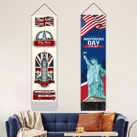 Long Vertical Wall Hanging Tapestry Polyester Cotton Fabric Scroll Banner With Tassels Flag Landmark Print Home Decor