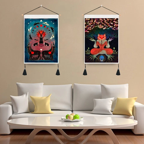 Tarot Mystical Wall Hanging Tapestry Cotton Polyester With Wooden Rod Tassels Gothic Boho Art Home Decor
