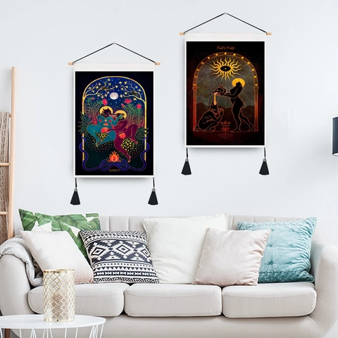 Tarot Mystical Wall Hanging Tapestry Cotton Polyester With Wooden Rod Tassels Gothic Boho Art Home Decor
