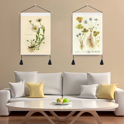 Vintage Botanische Wandtapijt Katoen Linnen Stof Scroll Met Houten Roede En Kwasten Voor Woonkamer Huis Decoratie