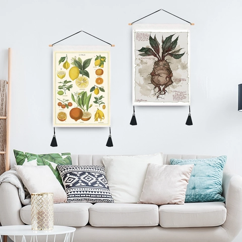 Vintage Botanische Wandtapijt Katoen Linnen Stof Scroll Met Houten Roede En Kwasten Voor Woonkamer Huis Decoratie