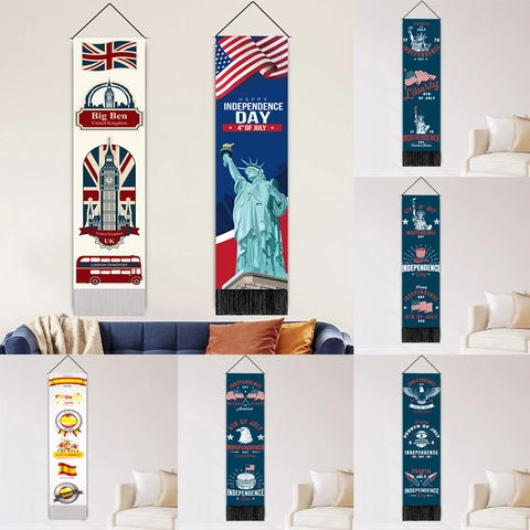 Long Vertical Wall Hanging Tapestry Polyester Cotton Fabric Scroll Banner With Tassels Flag Landmark Print Home Decor