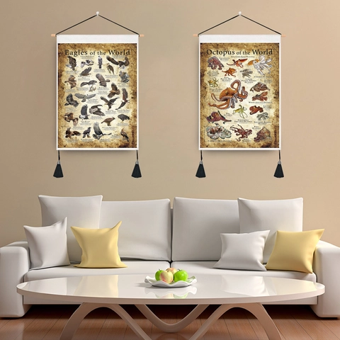 Vintage Biological Illustration Wall Hanging Tapestry Cotton Polyester Canvas Wood Rod Tassel Home Study Decor Art